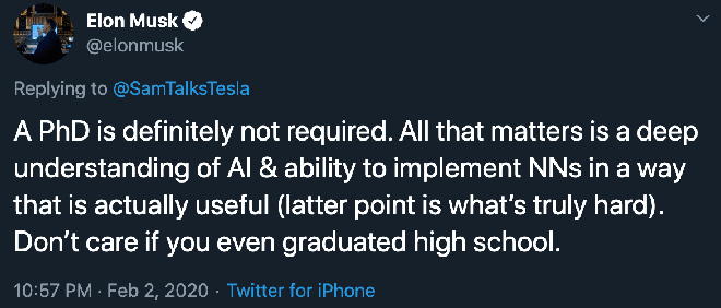 Elon Musk nói không quan tâm bằng cấp, nhưng Tesla khi tuyển dụng vẫn yêu cầu ứng viên phải có bằng - Ảnh 1.