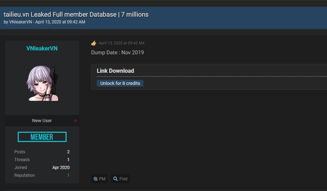 7 triệu dòng dữ liệu được cho là có chứa các thông tin cá nhân của toàn bộ người dùng trên tailieu.vn đã được đăng tải trên diễn đàn dành cho hacker R***forums.com (Ảnh chụp màn hình)