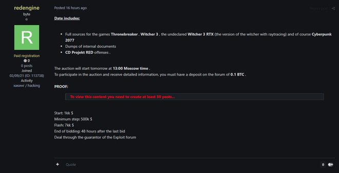 Hacker đang bán đấu giá dữ liệu hack từ CD PROJEKT với giá khởi điểm 1 triệu USD, cọc bitcoin mới có thể đăng ký tham gia - Ảnh 1. Hacker đang bán đấu giá dữ liệu hack từ CD PROJEKT với giá khởi điểm 1 triệu USD, cọc bitcoin mới có thể đăng ký tham gia - Ảnh 1.