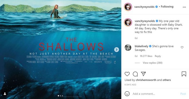 Ryan Reynolds cho con gái 1 tuổi xem phim cá mập kinh dị của vợ để giúp bé “cai” Baby Shark - Ảnh 2. Ryan Reynolds cho con gái 1 tuổi xem phim cá mập kinh dị của vợ để giúp bé “cai” Baby Shark - Ảnh 2.