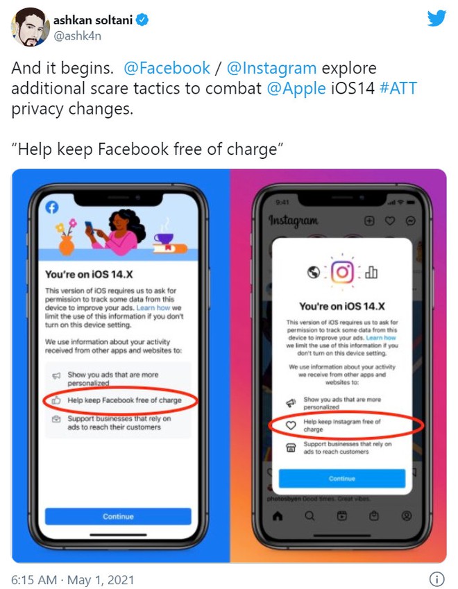 Facebook chơi “chiến thuật hù dọa” sẽ tính phí khiến người dùng iOS cho phép theo dõi ứng dụng - Ảnh 2.