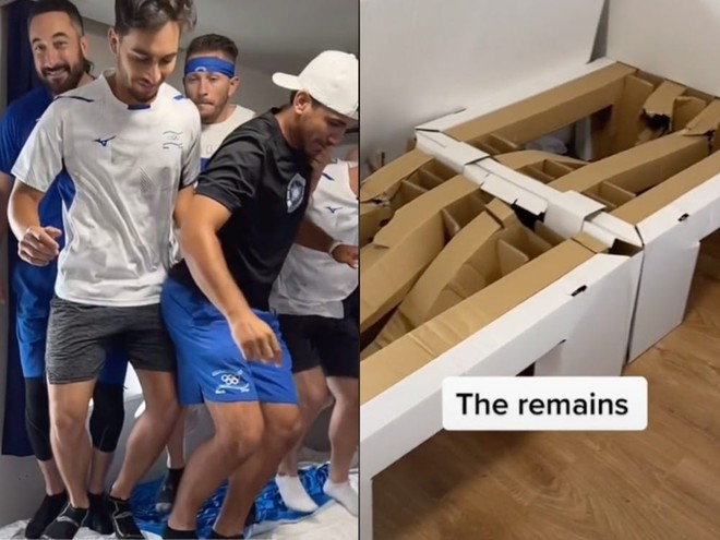 Cần đến 9 người trưởng thành cùng nhún nhảy mới có thể làm sập chiếc giường làm từ bìa carton tại Olympics 2020 - Ảnh 1.