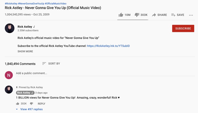 Nhờ vô số người bị Rickroll, video ‘Never Gonna Give You Up’ đạt 1 tỷ lượt xem trên YouTube - Ảnh 1.