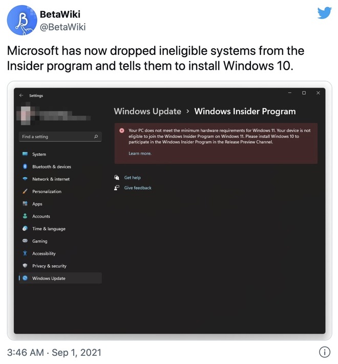 Microsoft cảnh báo PC chạy Windows 11 không đủ yêu cầu cấu hình sẽ phải quay về Windows 10 nếu muốn tham gia Windows Insider - Ảnh 1.
