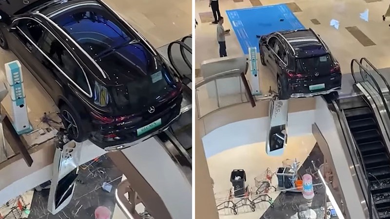 Nhầm chân ga, chiếc Mercedes lao xuyên lan can trung tâm thương mại, suýt rơi xuống tầng dưới