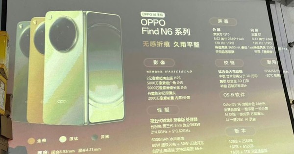 OPPO Find N6 lộ diện toàn bộ cấu hình: màn hình gập 8,12 inch 2K+, pin 6.000mAh, camera 200 MP