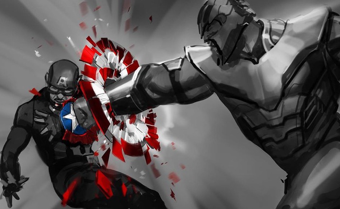 Bản vẽ concept cho thấy Thanos một tay đấm vỡ khiên Cap, nhưng đáng tiếc không được Marvel sử dụng trong bản công chiếu Endgame