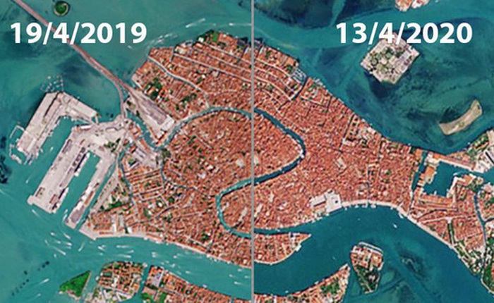 Venice trước và sau khi phong tỏa vì Covid-19 nhìn từ vũ trụ: Biểu tượng nước Ý bỗng trong xanh, sạch bóng tàu thuyền