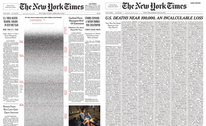 1000, 100.000, rồi nửa triệu: 2 trang nhất gây ám ảnh cả thế giới của New York Times về hiện thực đau đớn Covid-19 mang lại