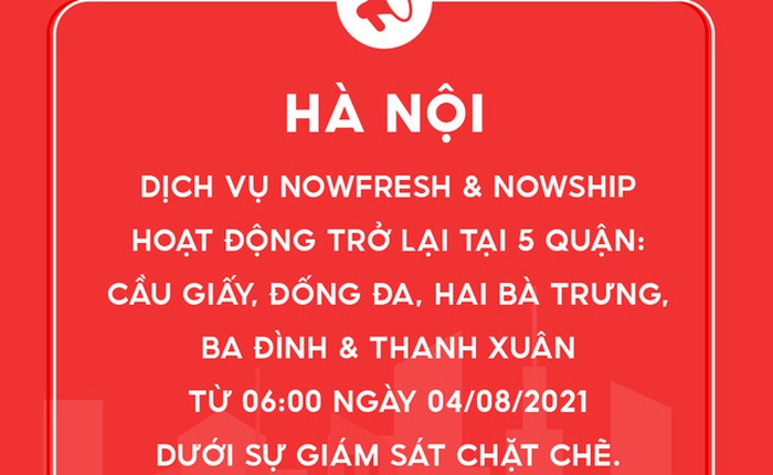 Dịch vụ NowFresh và NowShip hoạt động trở lại tại Hà Nội từ ngày 4/8