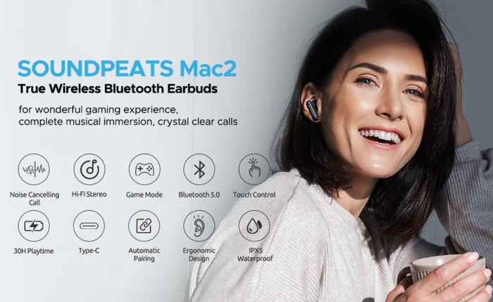 Soundpeats Mac 2 với Dynamic Driver 12.4mm, chống ồn ANC, Gaming mode triệt âm tốt