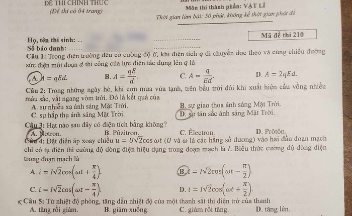 ĐÃ CÓ gợi ý đáp án đề thi VẬT LÝ tốt nghiệp THPT 2024, cập nhật ngay TẠI ĐÂY