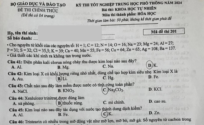 ĐÃ CÓ gợi ý đáp án môn HÓA HỌC tốt nghiệp THPT 2024, xem ngay TẠI ĐÂY