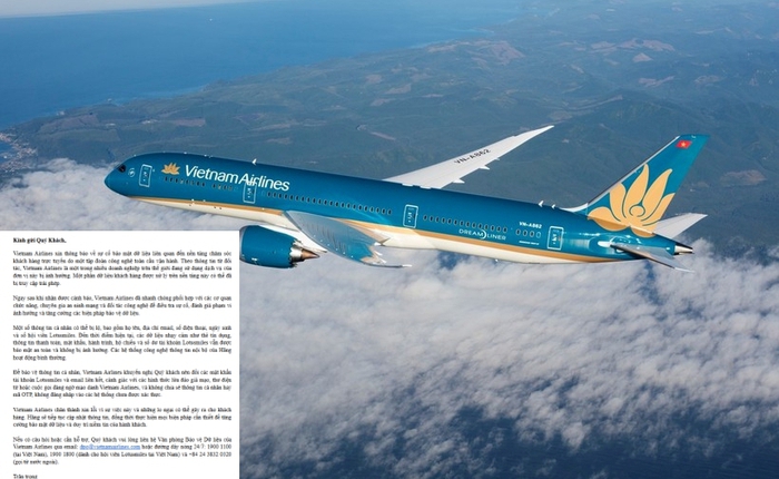Vietnam Airlines gặp sự cố bảo mật dữ liệu, gửi email khẩn cho khách hàng