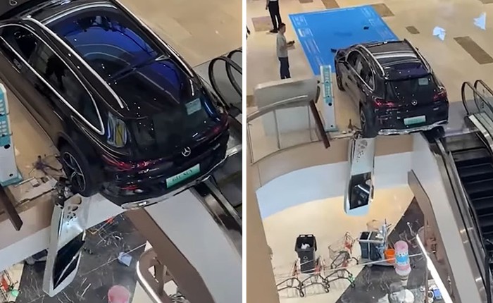 Nhầm chân ga, chiếc Mercedes lao xuyên lan can trung tâm thương mại, suýt rơi xuống tầng dưới