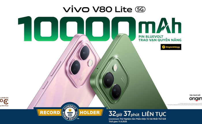 vivo V80 Lite 5G thiết lập KỶ LỤC GUINNESS THẾ GIỚI™ với 32 giờ 37 phút sử dụng liên tục on-screen nhờ trang bị Pin BlueVolt 10.000mAh