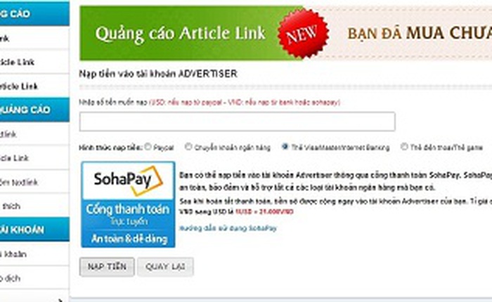 Textlink.vn tích hợp thanh toán trực tuyến qua Sohapay