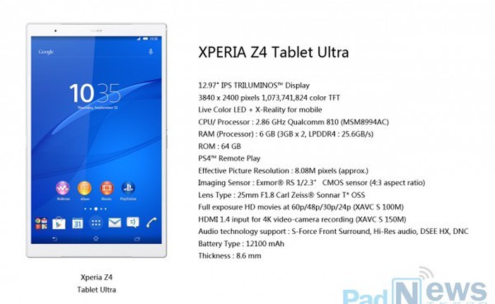 Lộ cấu hình cực mạnh của Xperia Z4 Tablet Ultra