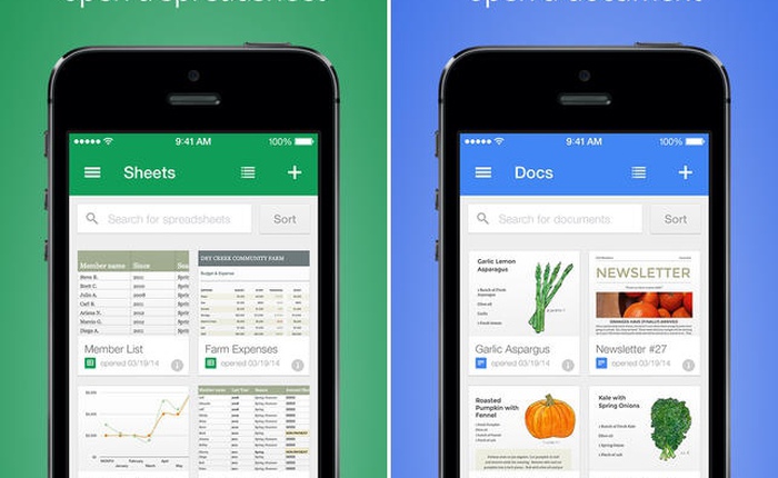 Google ra mắt Google Docs và Sheets miễn phí cho người dùng iOS và Android