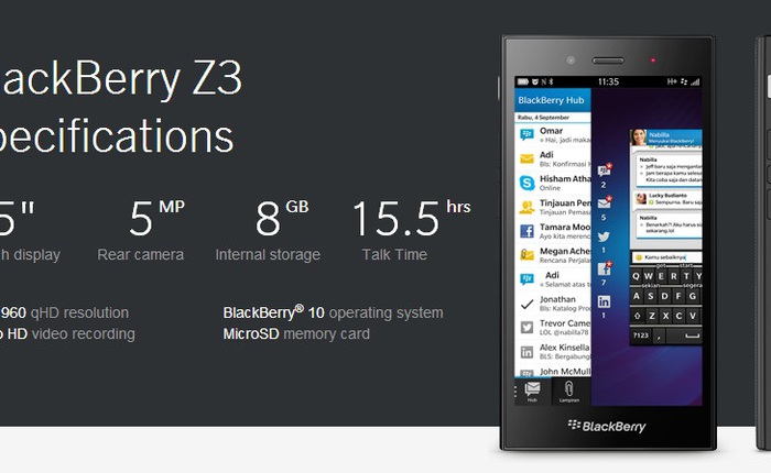 BlackBerry công bố cấu hình chính thức của BlackBerry Z3