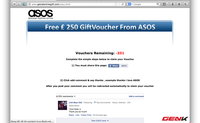 Cảnh báo website lừa đảo thẻ mua hàng 250 Euro của ASOS