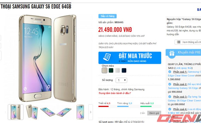 Giá chính hãng 21,49 triệu đồng cho Galaxy S6 Edge 64 GB