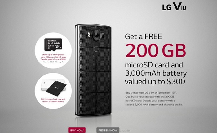 LG khuyến mãi thẻ microSD 200 GB cho khách hàng mua LG V10