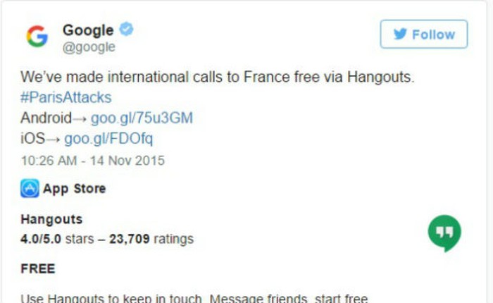Google Hangouts cho phép gọi điện miễn phí từ Pháp đi khắp thế giới