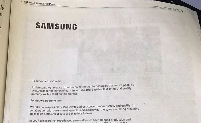 Samsung dành hẳn 1 trang trên báo giấy để đăng thư xin lỗi người dùng vì sự cố Note 7