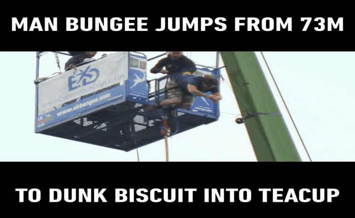 Nhúng bánh quy vào trà bằng cách nhảy bungee từ độ cao 73 mét, anh chàng này đã lập kỉ lục Guiness thế giới!