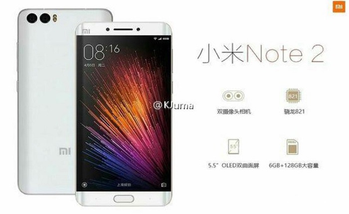 Xiaomi Mi Note 2 sẽ có RAM 8 GB, bộ nhớ 256 GB, cũng có camera kép