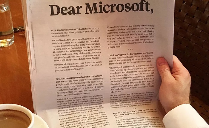 Quá lo sợ Microsoft Teams, Slack đi trước một bước với bức tâm thư chiếm trọn một trang báo New York Times