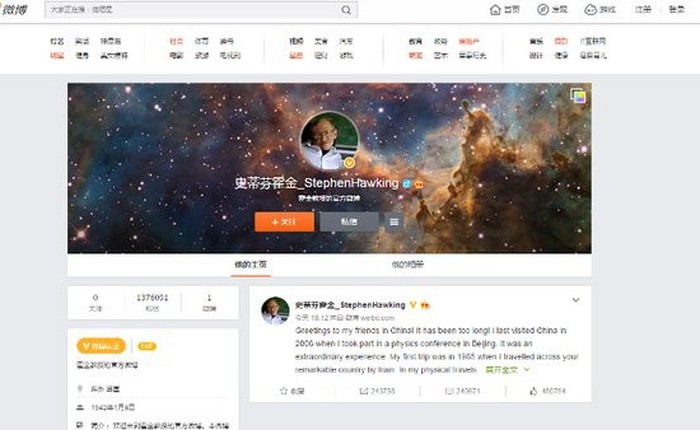 'Big bang' Stephen Hawking có 1 triệu 'theo dõi' trên Weibo