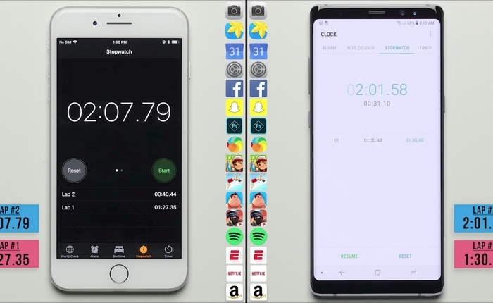 YouTuber tung clip chứng minh iPhone 8 Plus chậm hơn một chút so với Galaxy Note 8 trong bài test tốc độ mở ứng dụng