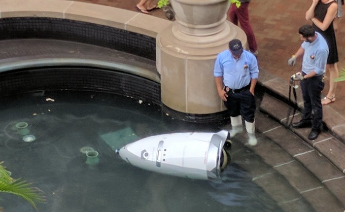 Thật tội nghiệp, một con robot bảo vệ vừa ngã xuống đài phun nước, chết đuối