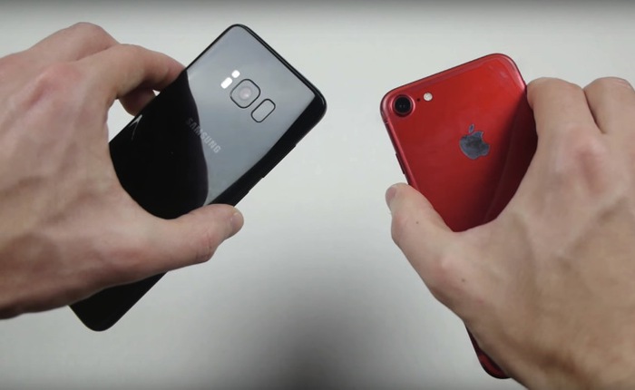 Video thử sức iPhone 7 đỏ rơi tự do cùng Galaxy S8: màn Gorilla Glass 5 bền thật đấy