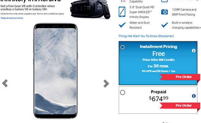 Nhà mạng Mỹ bắt đầu cho phép đặt trước Galaxy S8 với giá 0 đồng