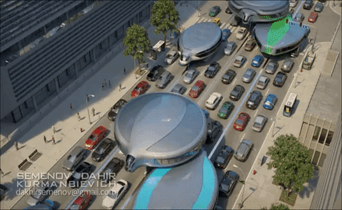 Concept xe bus của tương lai tránh tắc đường, đi bằng hai bánh trên đầu các phương tiện khác