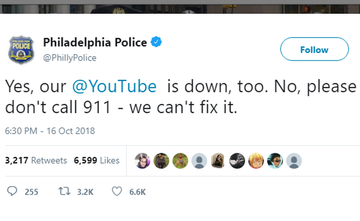 Cảnh sát Mỹ đăng tweet yêu cầu người dân ngừng gọi 911 để thông báo việc Youtube sập