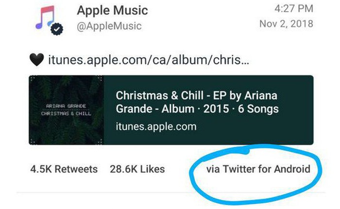 Bất ngờ khi người quản lý tài khoản Apple Music lại dùng smartphone Android để đăng tweet quảng cáo
