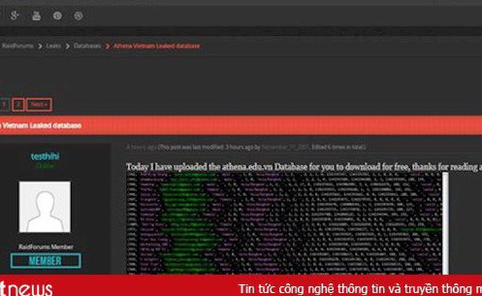 Sau VNG, đến lượt Trung tâm An ninh mạng Athena bị hack và chia sẻ dữ liệu lên diễn đàn Raidforums.com