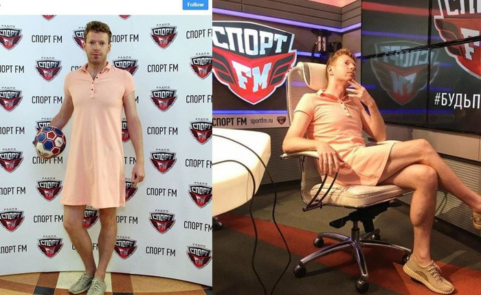 Nga vào tứ kết World Cup 2018, anh phát thanh viên giữ đúng lời hứa mặc váy đi làm