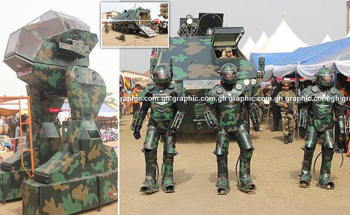 Ghana ra mắt một loạt nguyên mẫu thiết bị quân sự kỳ lạ, từ xe tăng đi bộ cho tới khung xương trợ lực