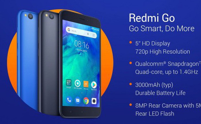 Smartphone giá rẻ Redmi Go chính thức ra mắt: Màn hình 5 inch, camera đơn, chip Snapdragon 425, RAM 1GB, giá bán từ 2,1 triệu đồng