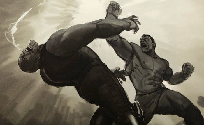 Bản vẽ concept cho thấy cảnh Hulk "đấm tòe mỏ" Thanos tại Wakanda, đáng tiếc là ta không được xem nó trên màn ảnh
