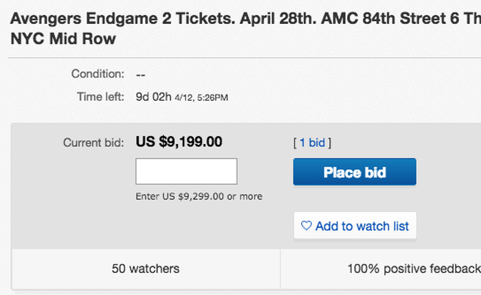 Sốc: 1 cặp vé công chiếu Avengers: Endgame đang có giá 215 triệu trên eBay