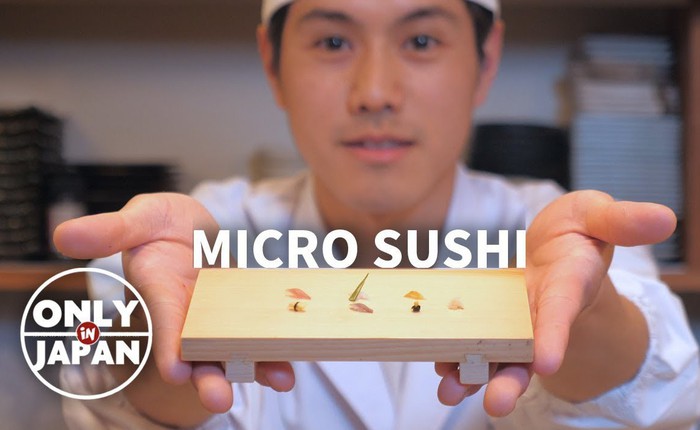 Sushi tí hon của đầu bếp Nhật: Tỷ lệ 1:300, dùng nguyên hạt cơm thì to quá phải chẻ làm 3 mới vừa