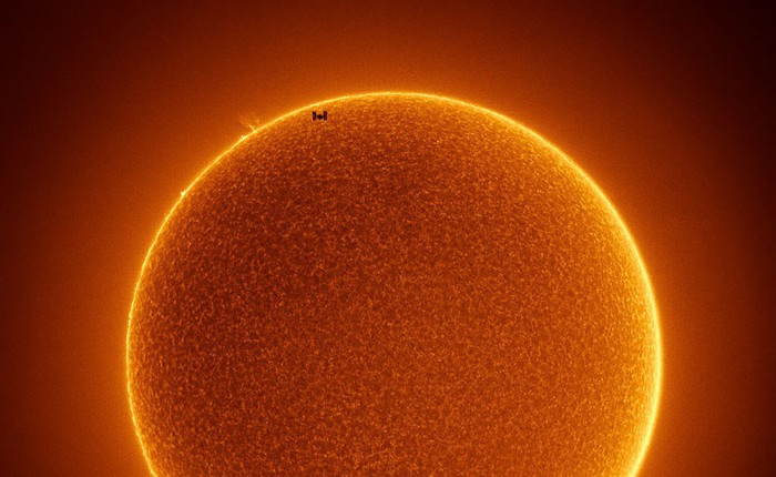 Ấn tượng với bức ảnh chụp trạm không gian ISS như chú ong tí hon trước hoa hướng dương Mặt trời khổng lồ