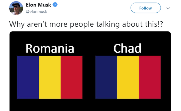 Elon Musk vừa phát hiện ra cờ của Chad và Romania "suýt" giống nhau, thực tế còn một loạt nước khác cũng như vậy!