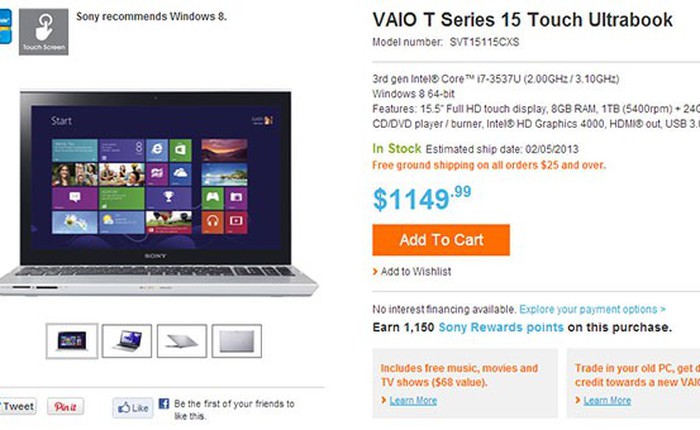 Ultrabook cảm ứng 15 inch giá chưa đến 800 USD của Sony 